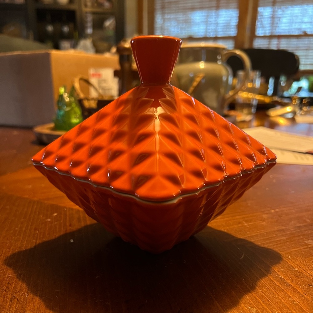 West Elm Trinket Candy Dish with lid ~Orange Colored with a Diamond Pattern